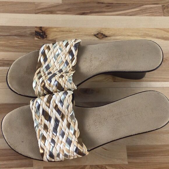 ITALIAN shoemakers slip on round peep mules clogs 7.5 gold silver braided strap - Picture 5 of 8